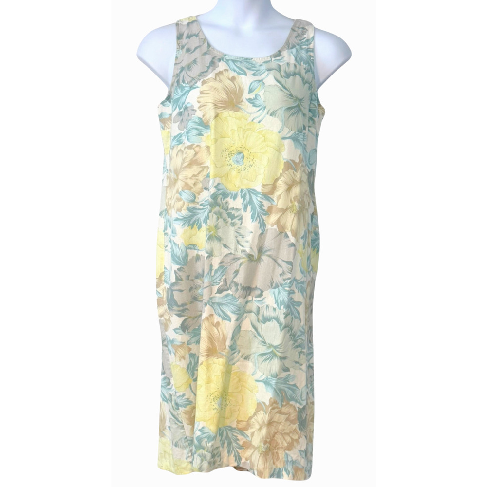 Sheri Martin Petites Sz 16P Midi Tank Dress Linen Blend Tropical Floral Vtg 90s